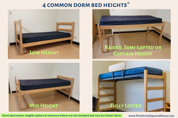 Fully Lofted, Captain Height, Semi-Lofted and Raised Dorm Bed Examples